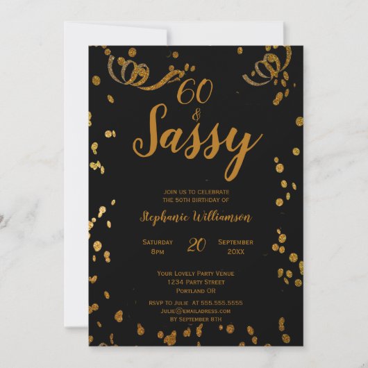 Invitation 60 et Sassy 60e anniversaire Noir | Or Faux (Devant)