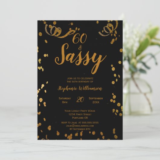 Invitation 60 et Sassy 60e anniversaire Noir | Or Faux (Debout devant)