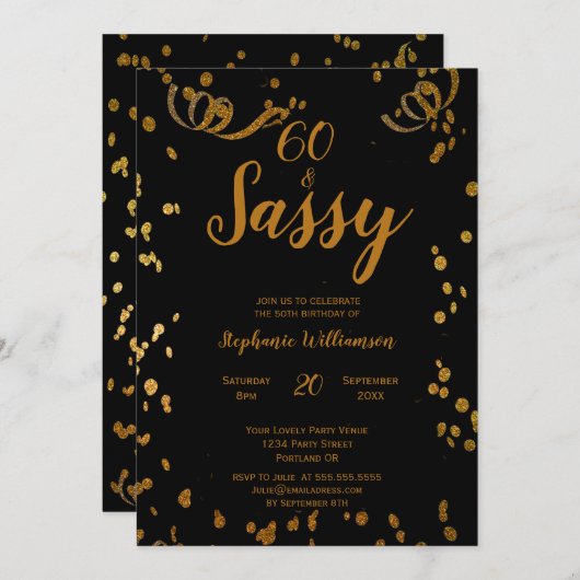 Invitation 60 et Sassy 60e anniversaire Noir | Or Faux (Devant / Derrière)