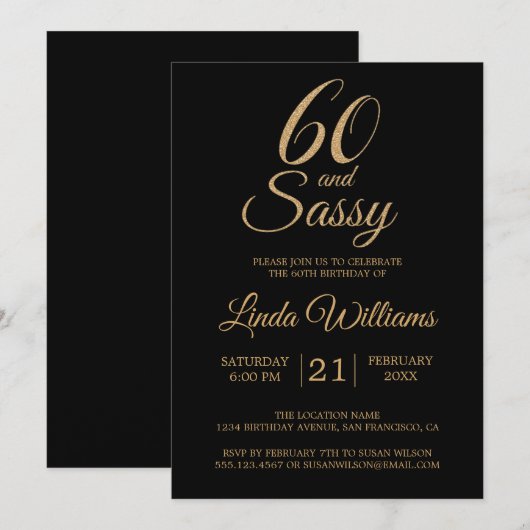 Invitation 60 et Sassy Black Gold 60e fête d'anniversaire (Devant / Derrière)