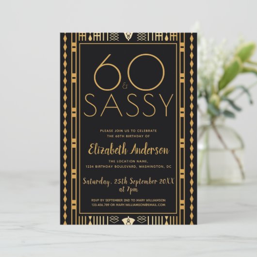 Invitation 60 Et Sassy Black Gold Art déco 60e anniversaire (Debout devant)