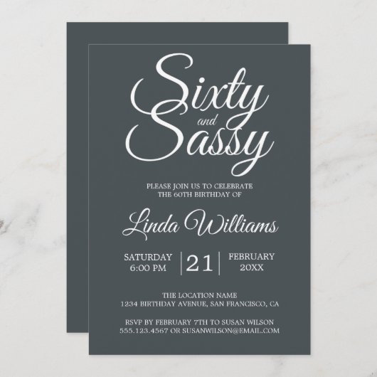 Invitation 60 et Sassy Black White Chic 60e fête d'anniversai (Devant / Derrière)