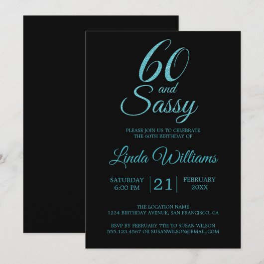 Invitation 60 et Sassy Blue Parties scintillant 60e fête d'an (Devant / Derrière)
