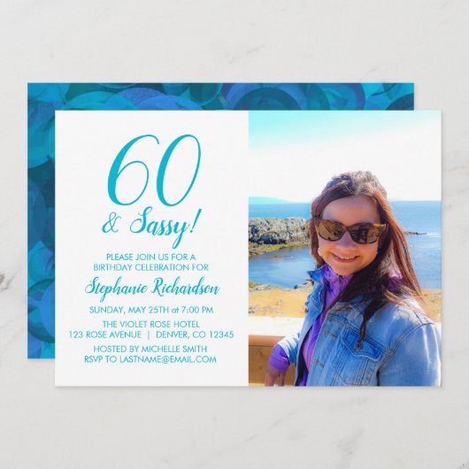 Invitation 60 et Sassy Ocean Blue Nom Turquoise Photo Anniver (Devant / Derrière)