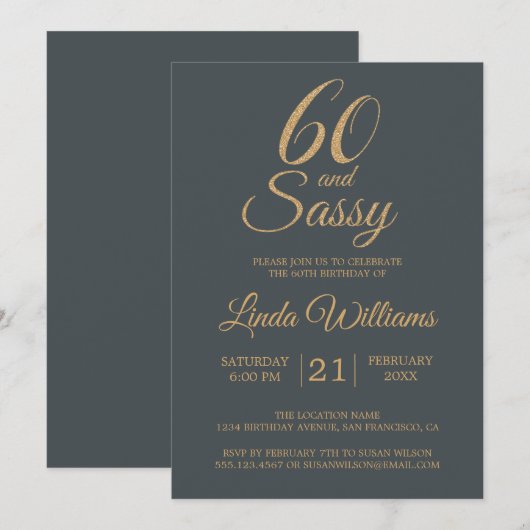 Invitation 60 et Sassy Off-Black Gold 60e fête d'anniversaire (Devant / Derrière)
