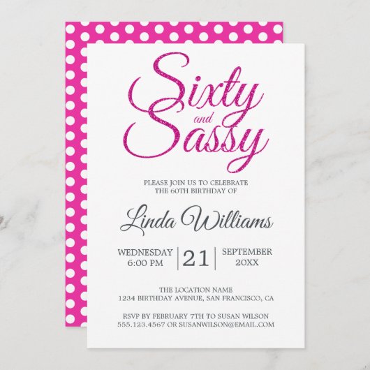 Invitation 60 et Sassy Pink Parties scintillant 60e fête d'an (Devant / Derrière)