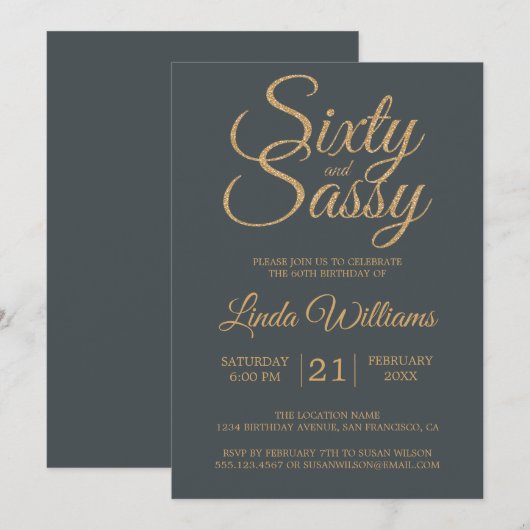 Invitation 60 et soixantième fête d'anniversaire d'or -Noir (Devant / Derrière)