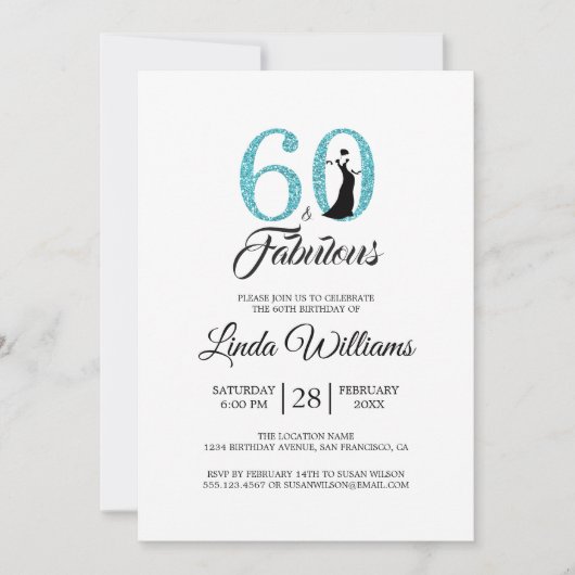 Invitation 60 Fabuleuse Parties scintillant bleue 60e fête d' (Devant)