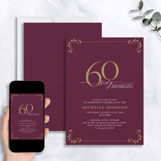 Invitation 60 & Fabuleux Burgundy Blanc & Or Anniversaire