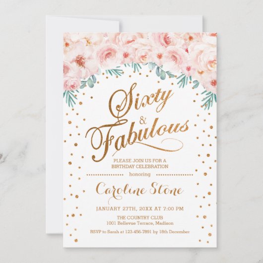 Invitation 60 Fabuleux fête d'anniversaire - Blanc Or rose (Devant)