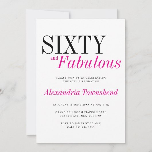 Invitation 60 & Fabuleux Typographie Rose Moderne 60e Anniver (Devant)