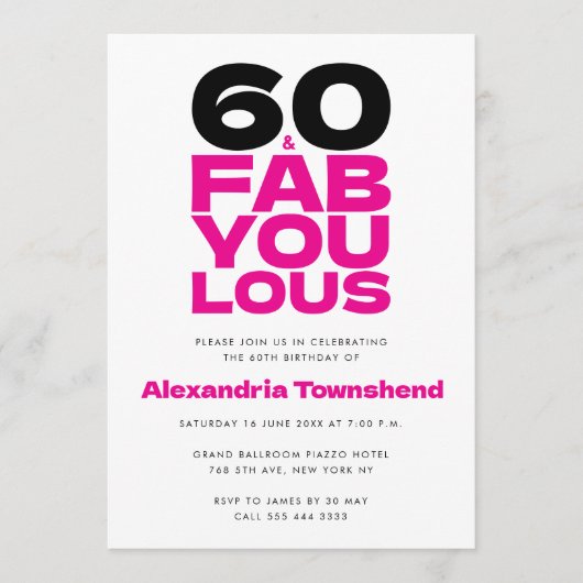 Invitation 60 & Fabulous Bold Pink Typography 60th Birthday (Devant)