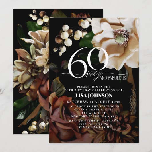 Invitation 60 & Fabulous Dark Moody Neutral Magnolia Floral (Devant / Derrière)
