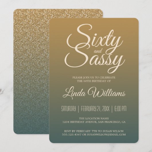 Invitation 60 Sassy Gold Emerald Ombre 60e fête d'anniversair (Devant / Derrière)