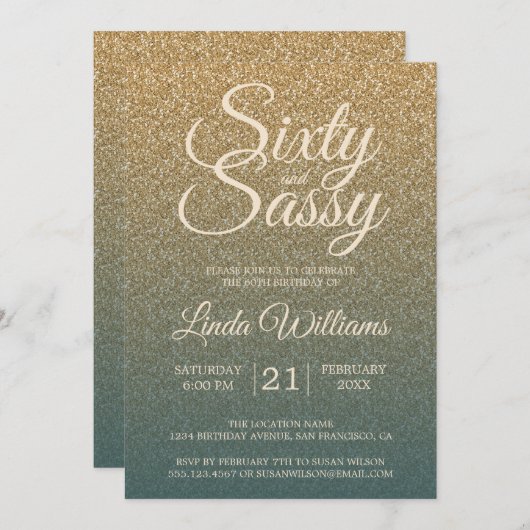 Invitation 60 Sassy Gold Emerald Ombre 60e fête d'anniversair (Devant / Derrière)