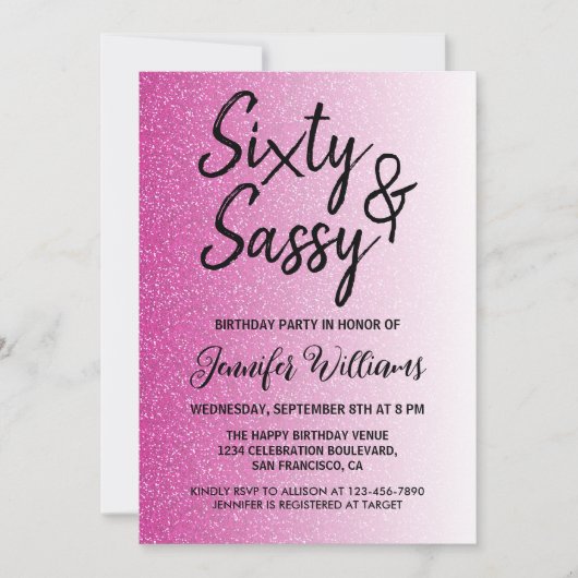 Invitation 60 Sassy Hot Pink Parties scintillant 60e annivers (Devant)