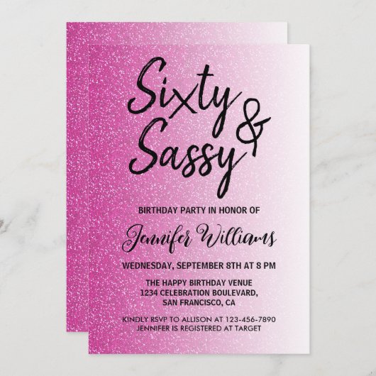 Invitation 60 Sassy Hot Pink Parties scintillant 60e annivers (Devant / Derrière)