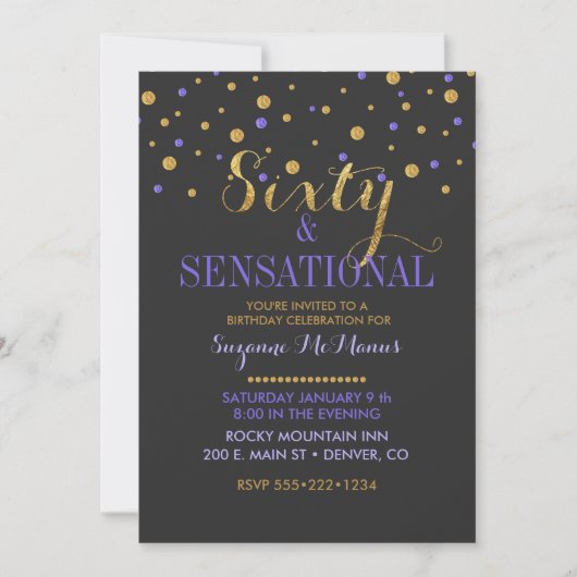 Invitation 60 & Sensationnel Points de Confettis Violet et Or (Devant)