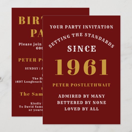 Invitation 60e Anniversaire 1961 L'or rouge personnalisé pour (Devant / Derrière)