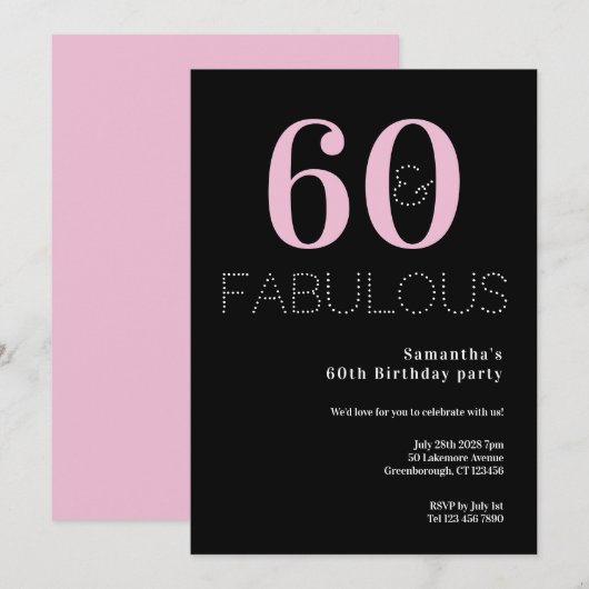 Invitation 60e anniversaire 60 et Fabulous Black Pink Party (Devant / Derrière)