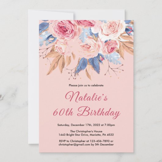 Invitation 60e anniversaire Aquarelle Botanique Rose Floral (Devant)