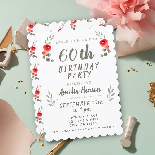 Invitation 60e anniversaire Aquarelle Rose Twig Floral