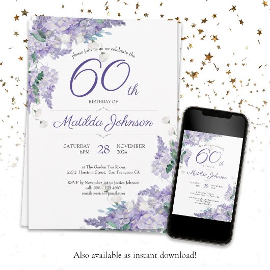 Invitation 60e anniversaire Aquarelle violette Floral Wisteri