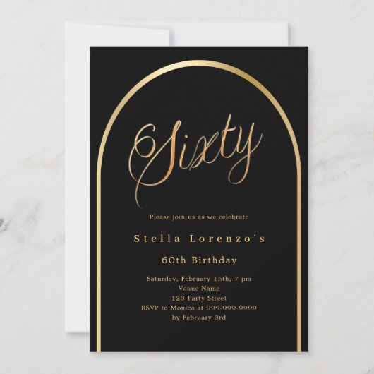 Invitation 60e anniversaire arc en or noir élégant script (Devant)