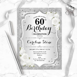 Invitation 60e anniversaire - Argent rayures Roses blanches