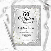 Invitation 60e anniversaire - Argent rayures Roses blanches