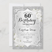 Invitation 60e anniversaire - Argent rayures Roses blanches (Devant)