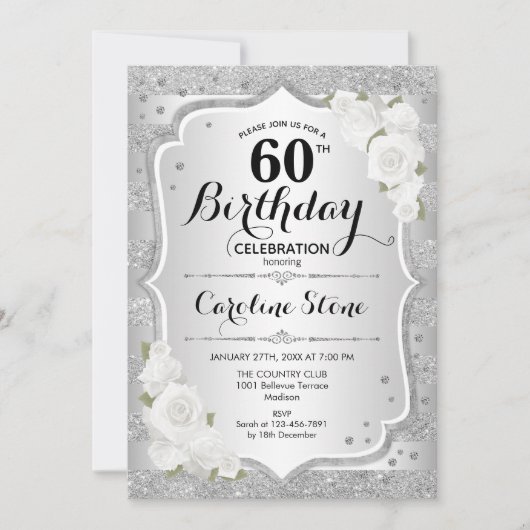 Invitation 60e anniversaire - Argent rayures Roses blanches (Devant)