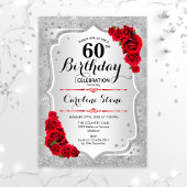 Invitation 60e anniversaire - Argent rayures Roses rouges