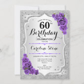 Invitation 60e anniversaire - Argent Stripes Roses violets (Devant)