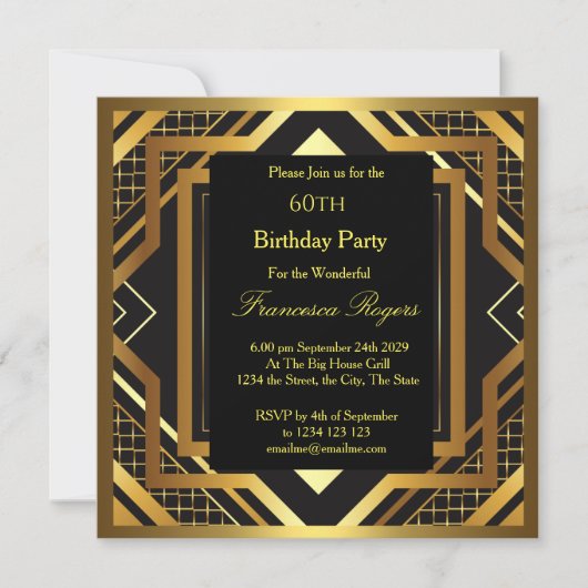Invitation 60e anniversaire Art Déco Gold Black (Devant)