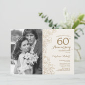 Invitation 60e Anniversaire Avec Photo - Floral Ivoire Or (Debout devant)