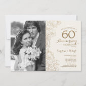 Invitation 60e Anniversaire Avec Photo - Florale Or Ivoire (Devant)