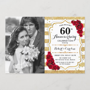 Invitation 60e anniversaire avec photo - Or Blanc Rouge