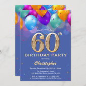 Invitation 60e anniversaire Ballons bleus et dorés (Devant / Derrière)