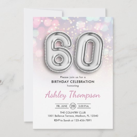 Invitation 60e anniversaire - Ballons d'argent Lumières rose (Devant)