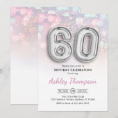 Invitation 60e anniversaire - Ballons d'argent Lumières rose (Devant / Derrière)