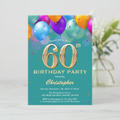 Invitation 60e anniversaire Ballons Turquoises et dorés (Debout devant)
