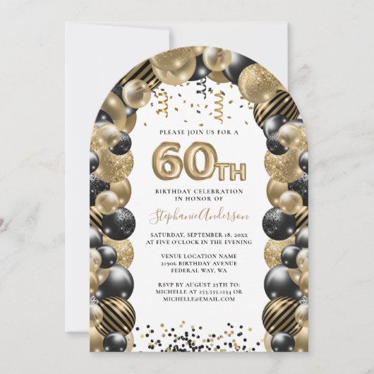 Invitation 60e Anniversaire Balloon Gold Black Sparkle (Devant)