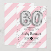 Invitation 60e anniversaire - Bandes roses et ballons argenté (Devant / Derrière)