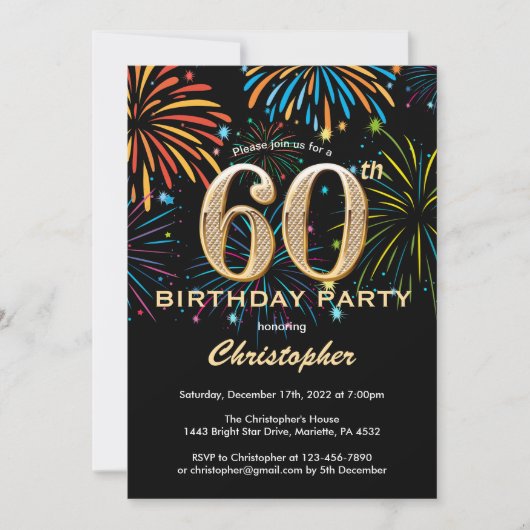 Invitation 60e anniversaire Black and Gold Rainbow Fireworks (Devant)