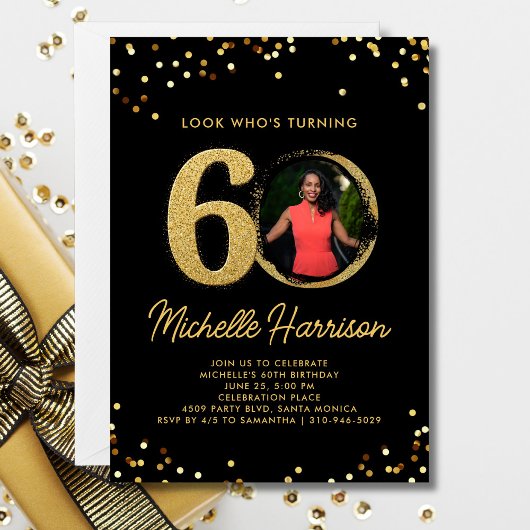 Invitation 60e Anniversaire Black Gold Confetti Photo