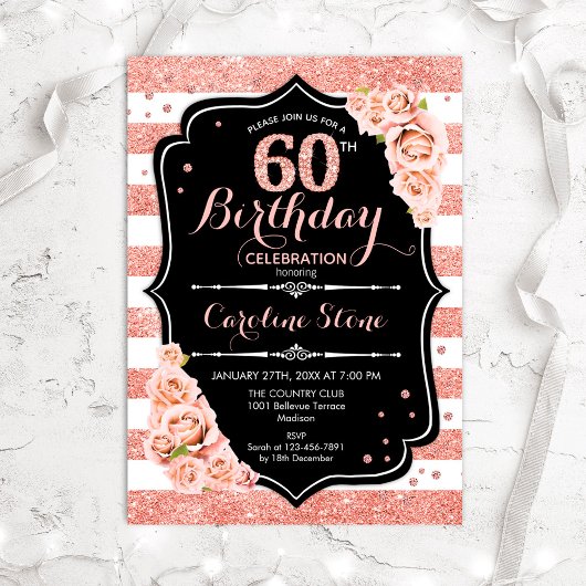 Invitation 60e anniversaire Black Rose Gold et White Stripes