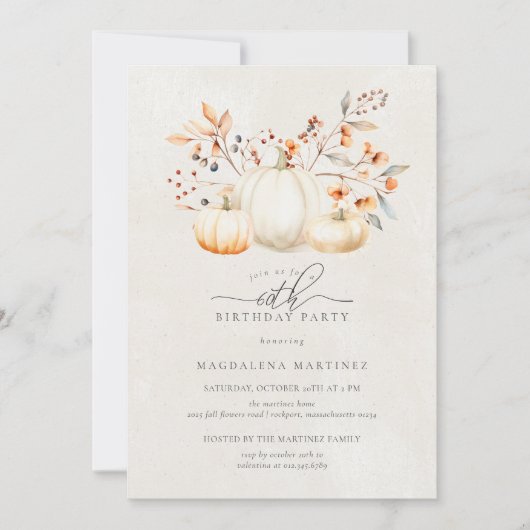 Invitation 60e anniversaire Blanc Citrouille automne Feuilles (Devant)