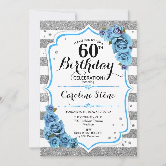 Invitation 60e anniversaire - Bleu Silver White Stripes (Devant)