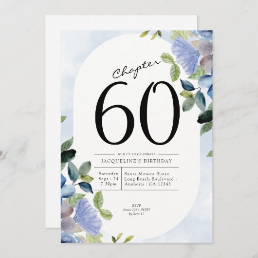 Invitation 60e anniversaire Blue Floral (Devant / Derrière)